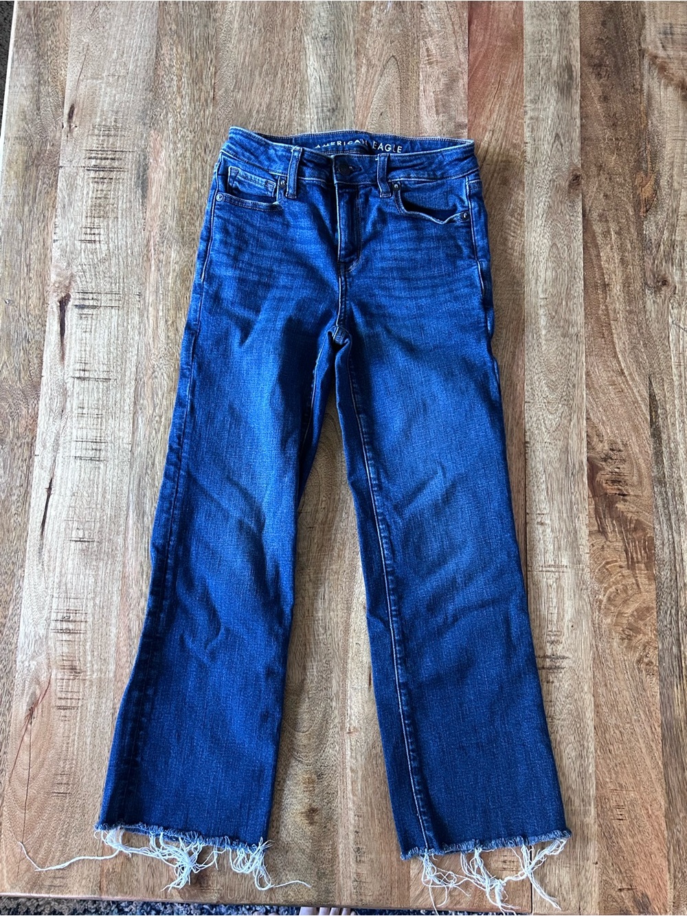 American Eagle Outfitters Blue Cropped Raw-Hem Straight Jeans